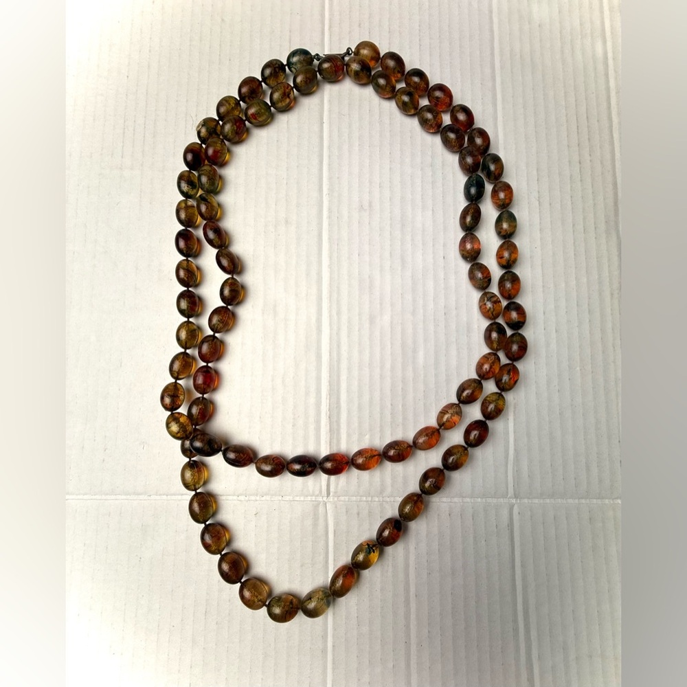 Vintage‎ Faux Amber Lucite Beaded Long Necklace Fashion Art Deco 40s Costume